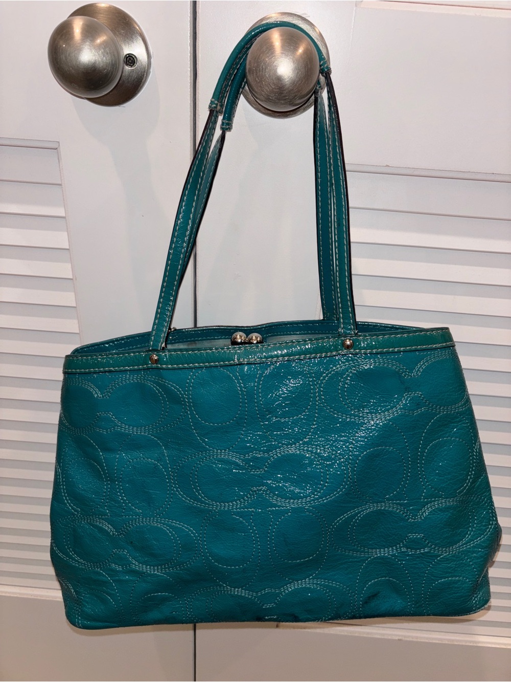 Coach Kiss Lock Carryall (Model F19215) Teal Patent Leather Tote - Picture 7 of 8